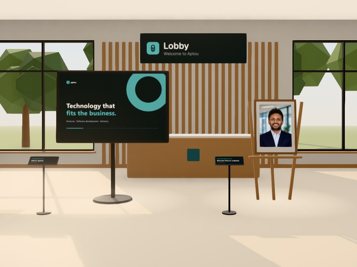The Aptou virtual studio: a daylit lobby with screens for each venture